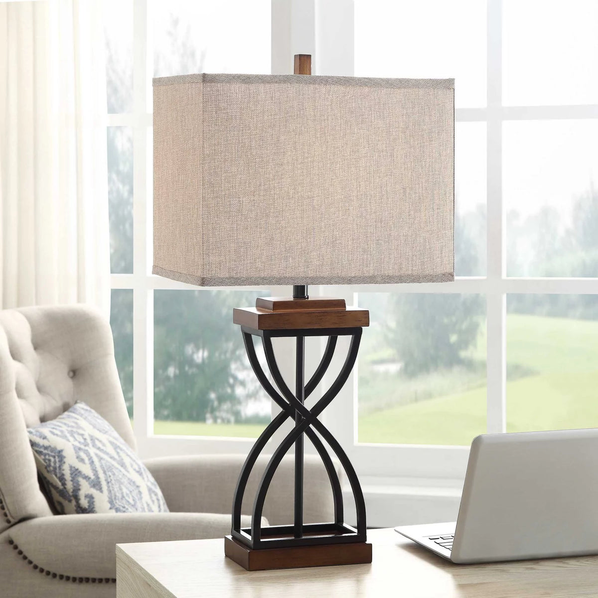 Black Wood Table Lamp with Beige Fabric Shade N694
