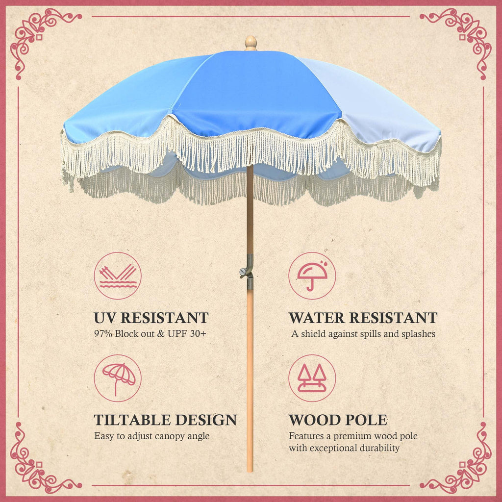 6Ft Fringe Patio Umbrella with Tassels & Carry Bag Wood Blue P7355