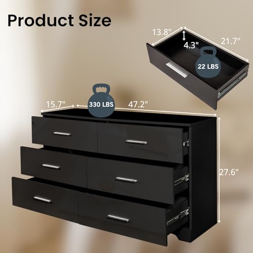 Black 6 Drawer Wood Dresser W930