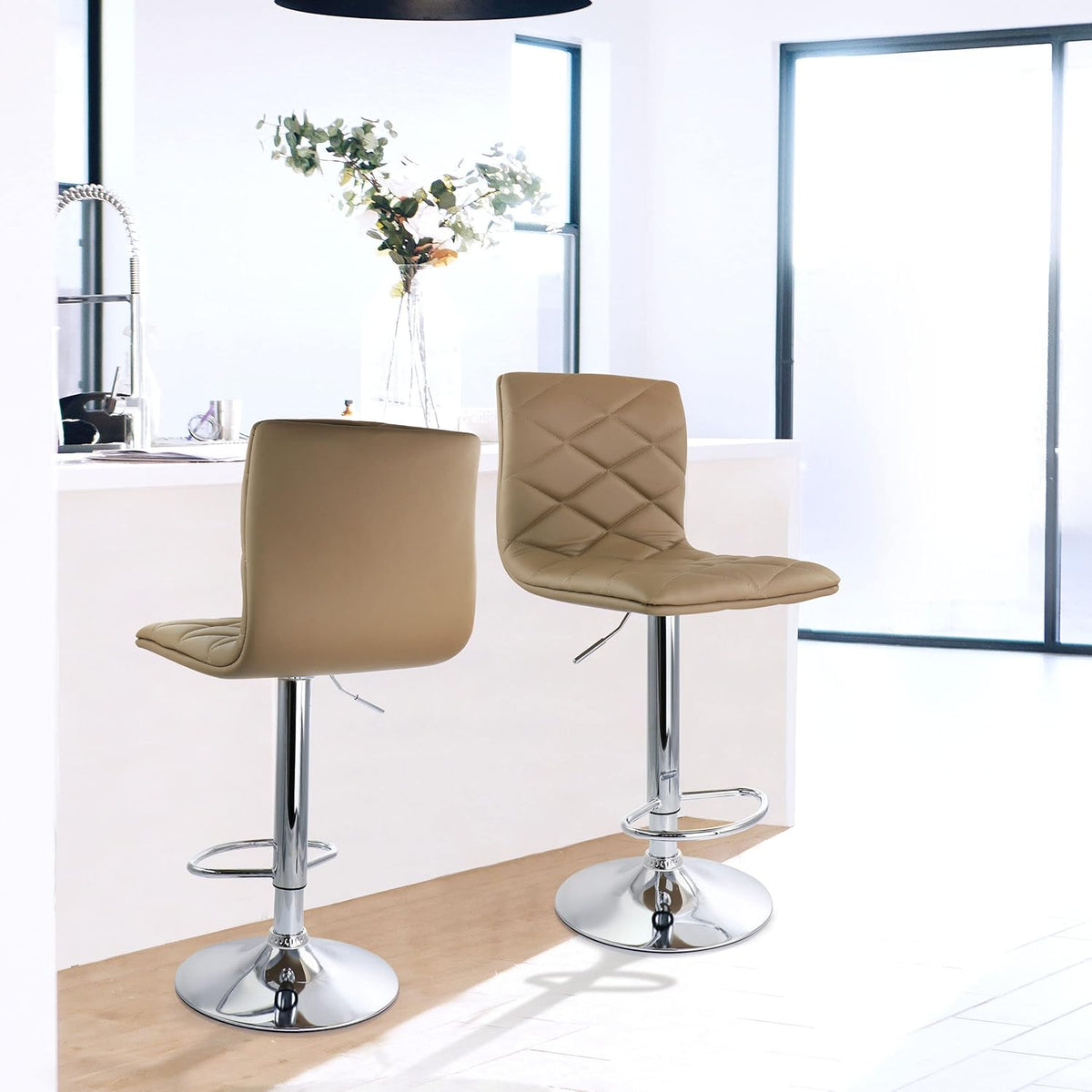 2 Piece Adjustable Faux Leather Bar Stool in Camel with Chrome Base K82540