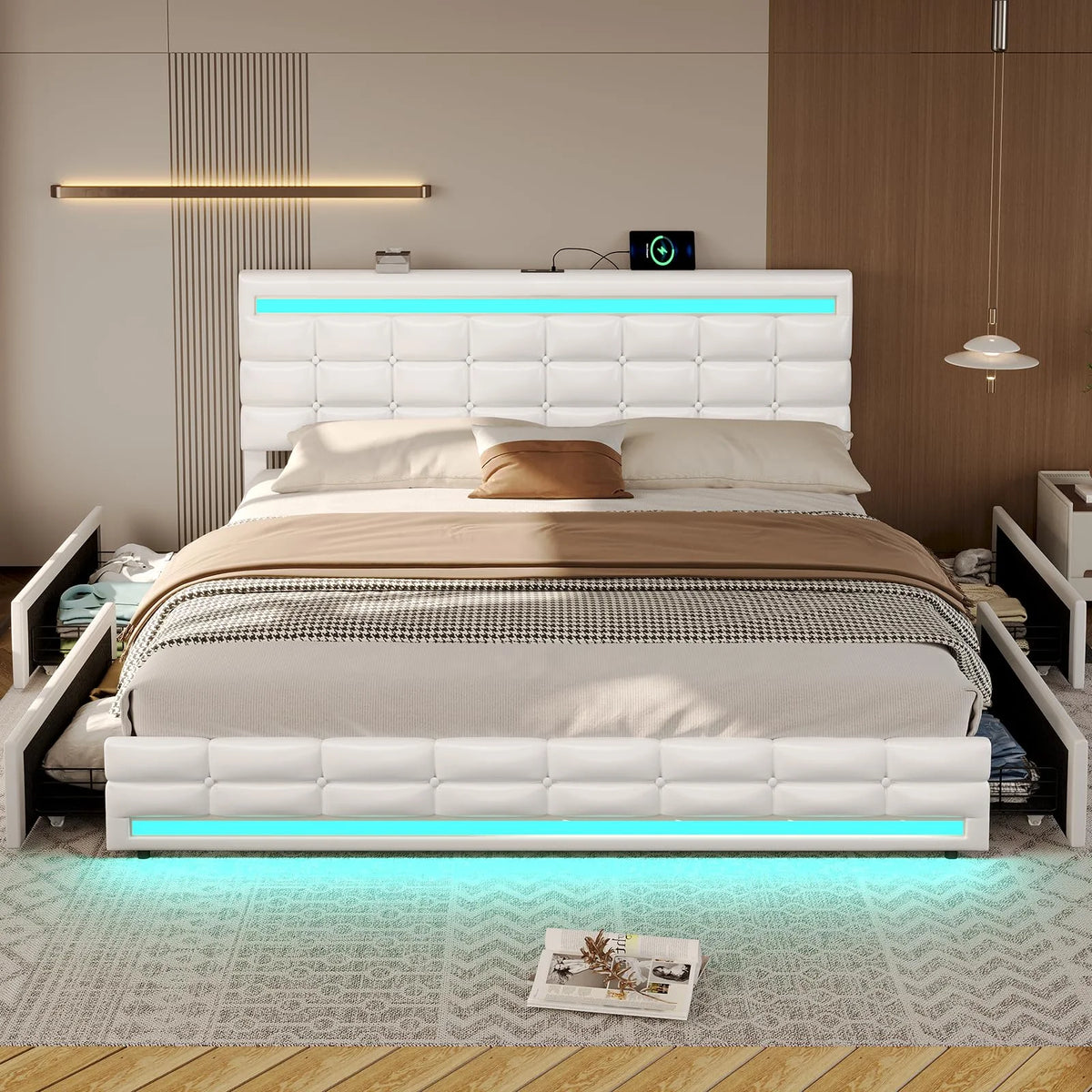 King Size White LED Bed Frame with USB Ports and Storage Drawers G3484