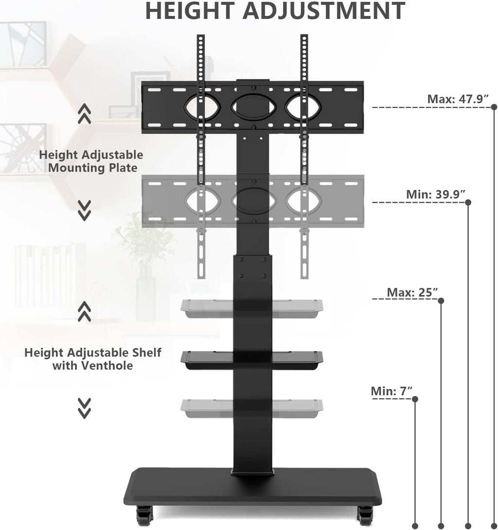 Rolling TV Stand with Wheels and Swivel Mount for 37 inch-70 inch LCD LED Flat Panel Screen TV, Portable Mobile TV Cart with Shelf, Height Adjustable, Max VESA 600x400mm C84733