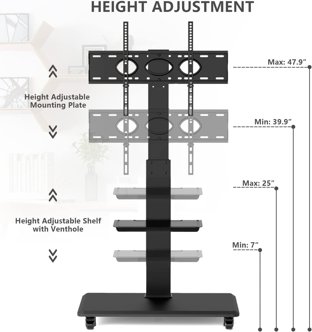 Rolling TV Stand with Wheels and Swivel Mount for 37 inch-70 inch LCD LED Flat Panel Screen TV, Portable Mobile TV Cart with Shelf, Height Adjustable, Max VESA 600x400mm C84733
