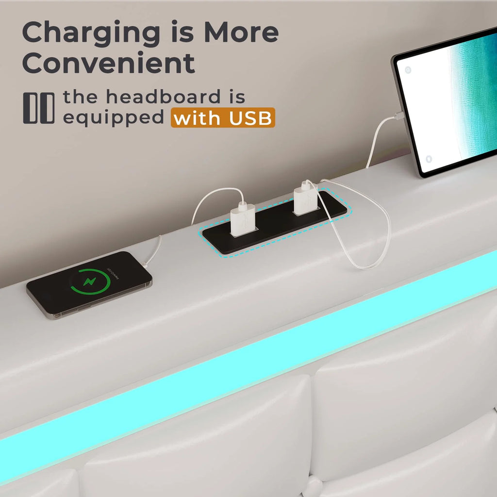 King Size White LED Bed Frame with USB Ports and Storage Drawers G3484