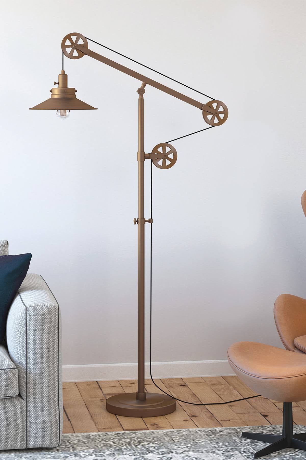 Brushed Brass Wide Brim Floor Lamp with Pulley System Y30873