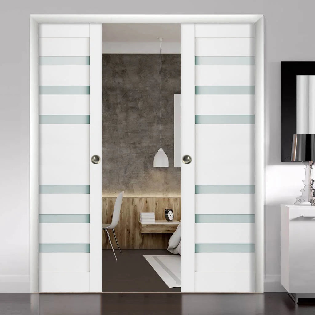 Sliding French Double Pocket Doors 36 x 96 inches Frosted Glass Solid Wood Interior Doors D634529