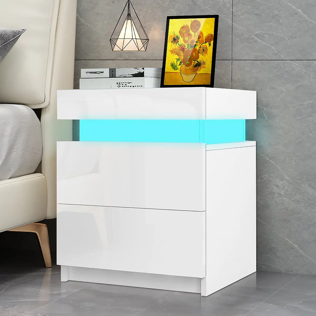 White 2 Drawer High Gloss Nightstand with LED Light G95861