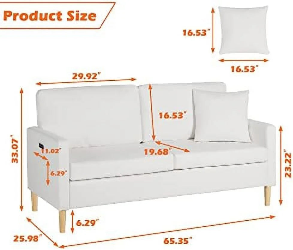 White Faux Leather 2-Seat Loveseat Sofa with Pillows A6770