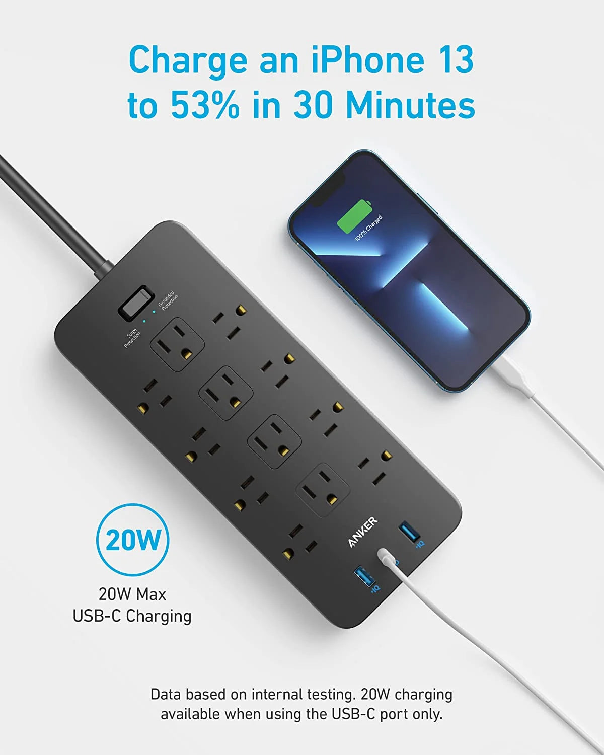Power Strip Surge Protector 12 Outlets 2 USB A 1 USB C 5ft Extension Cord Y6248