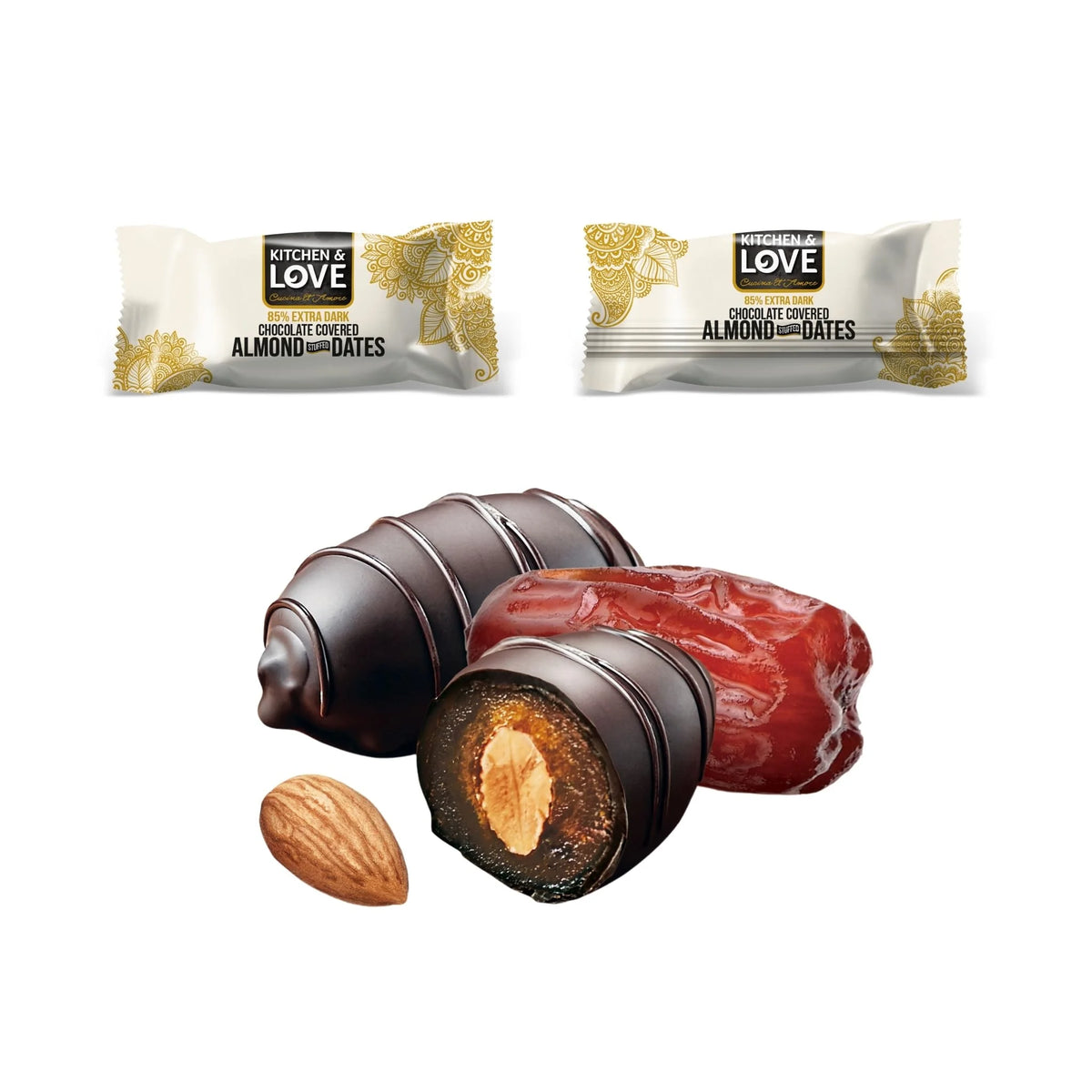 85% Extra Dark Chocolate Covered Almond Stuffed Dates 3.5 oz Pouch Pack of 4 L1175