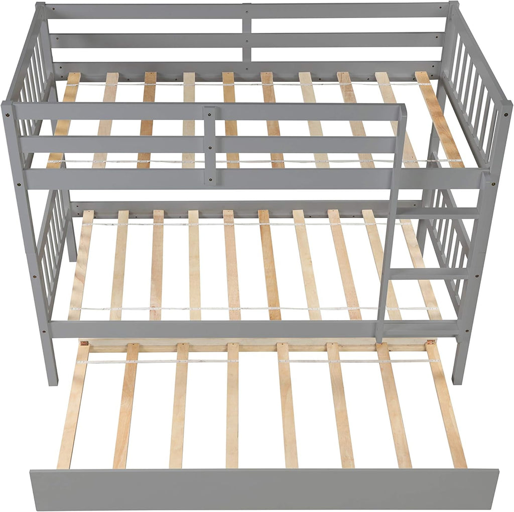 Twin Over Twin Solid Wood Bunk Beds with Trundle and Safety Rail and Ladder S9852