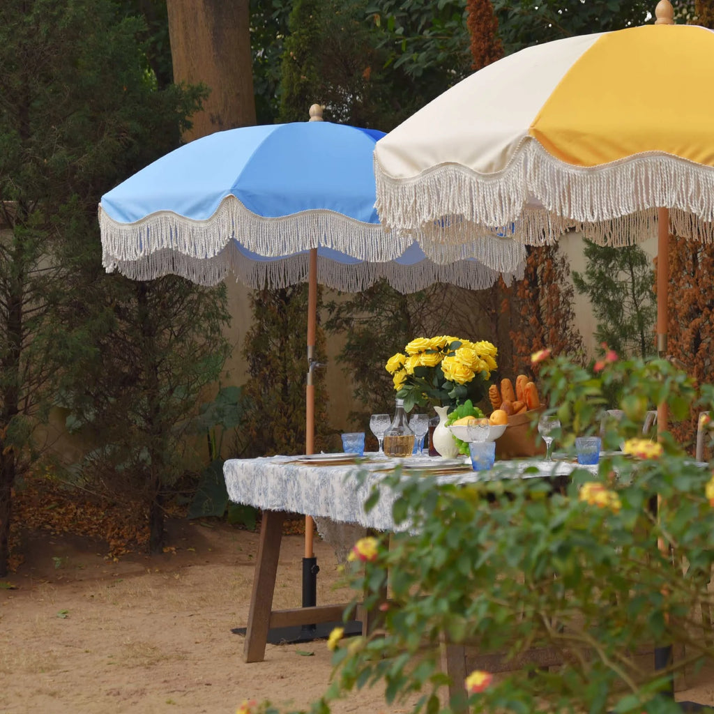 6Ft Fringe Patio Umbrella with Tassels & Carry Bag Wood Blue P7355