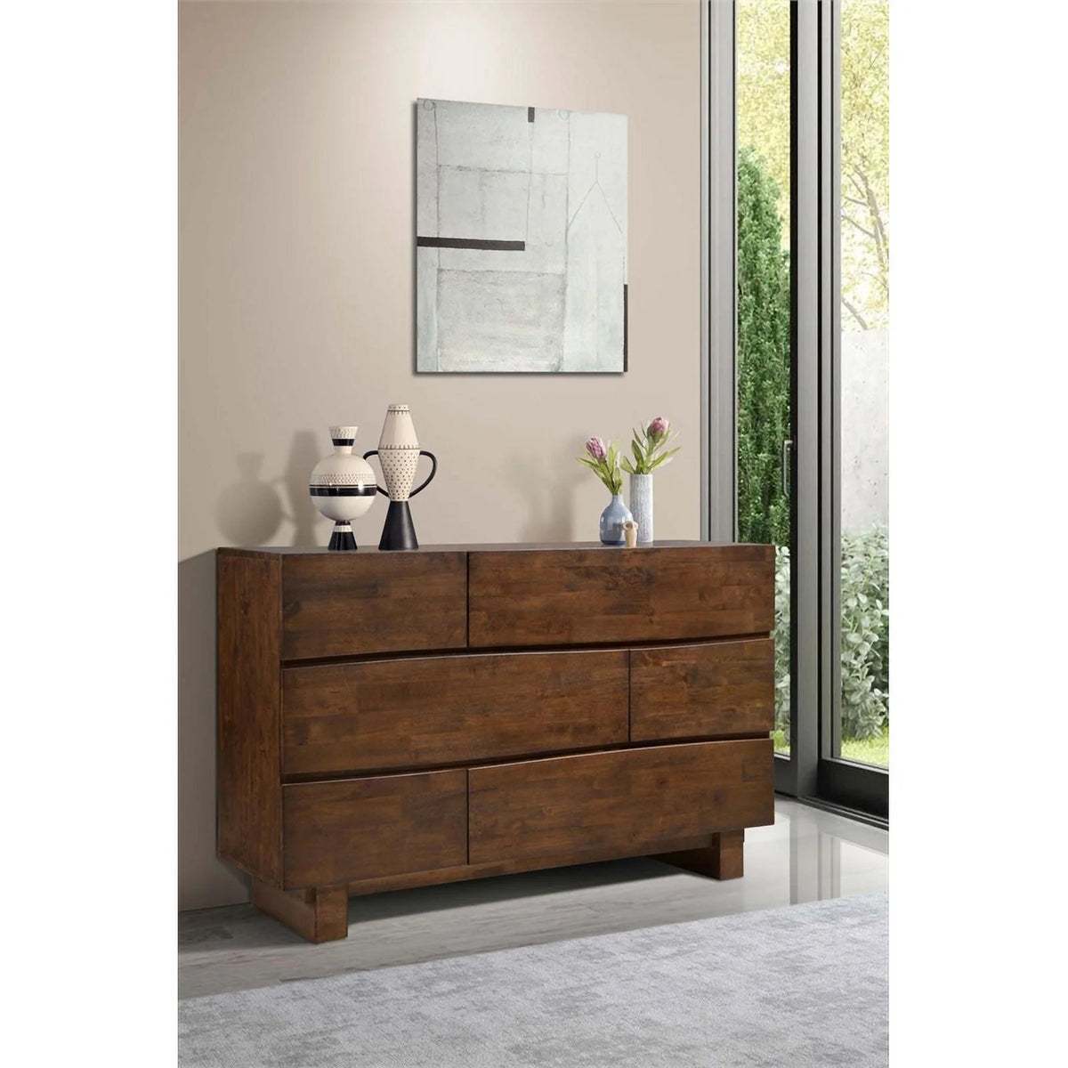 6 Drawer Modern Wood Rectangular Dresser in Dark Brown J22267