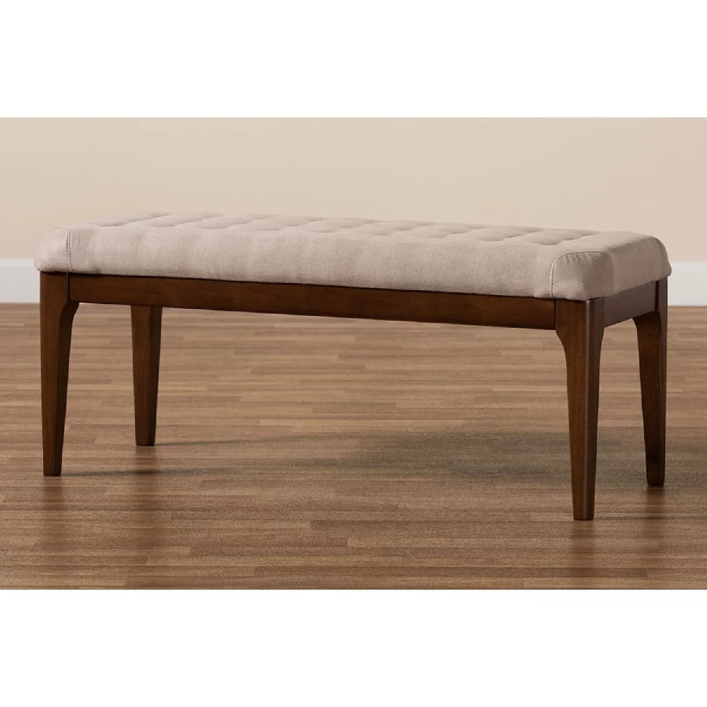 Beige Fabric Upholstered Walnut Brown Wood Dining Bench J25302