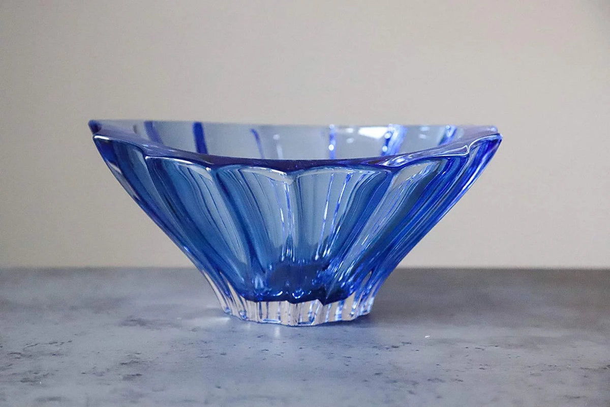 Bohemian Crystal Glass Bowl-Vase 8''-Dia Blue Vintage Centerpiece H362