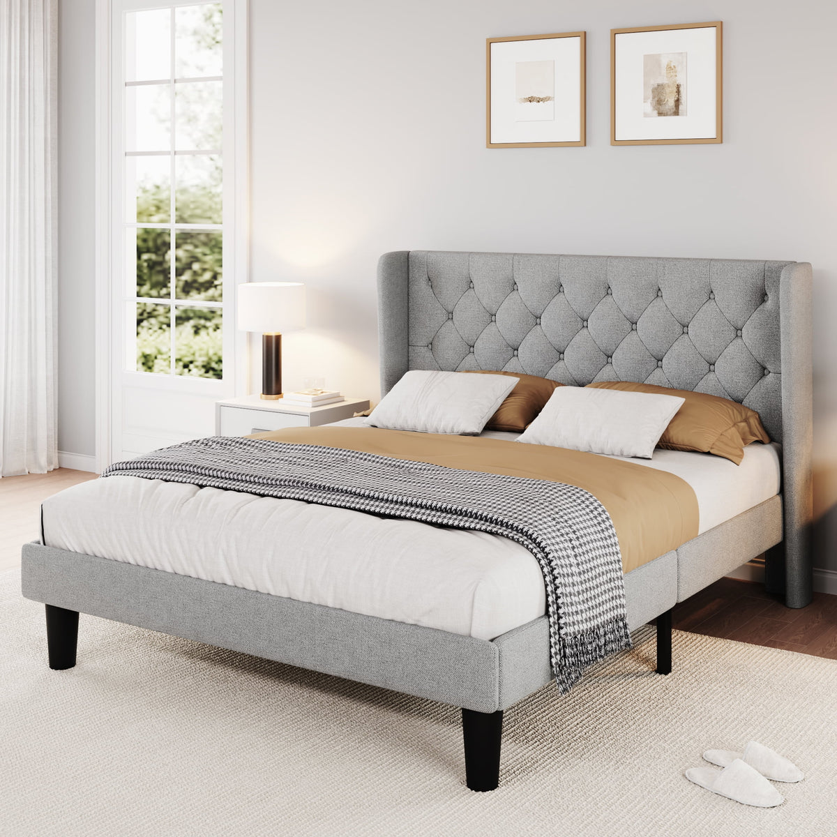 Queen Size Dark Grey Upholstered Platform Bed Frame G563949