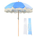 6Ft Fringe Patio Umbrella with Tassels & Carry Bag Wood Blue P7355