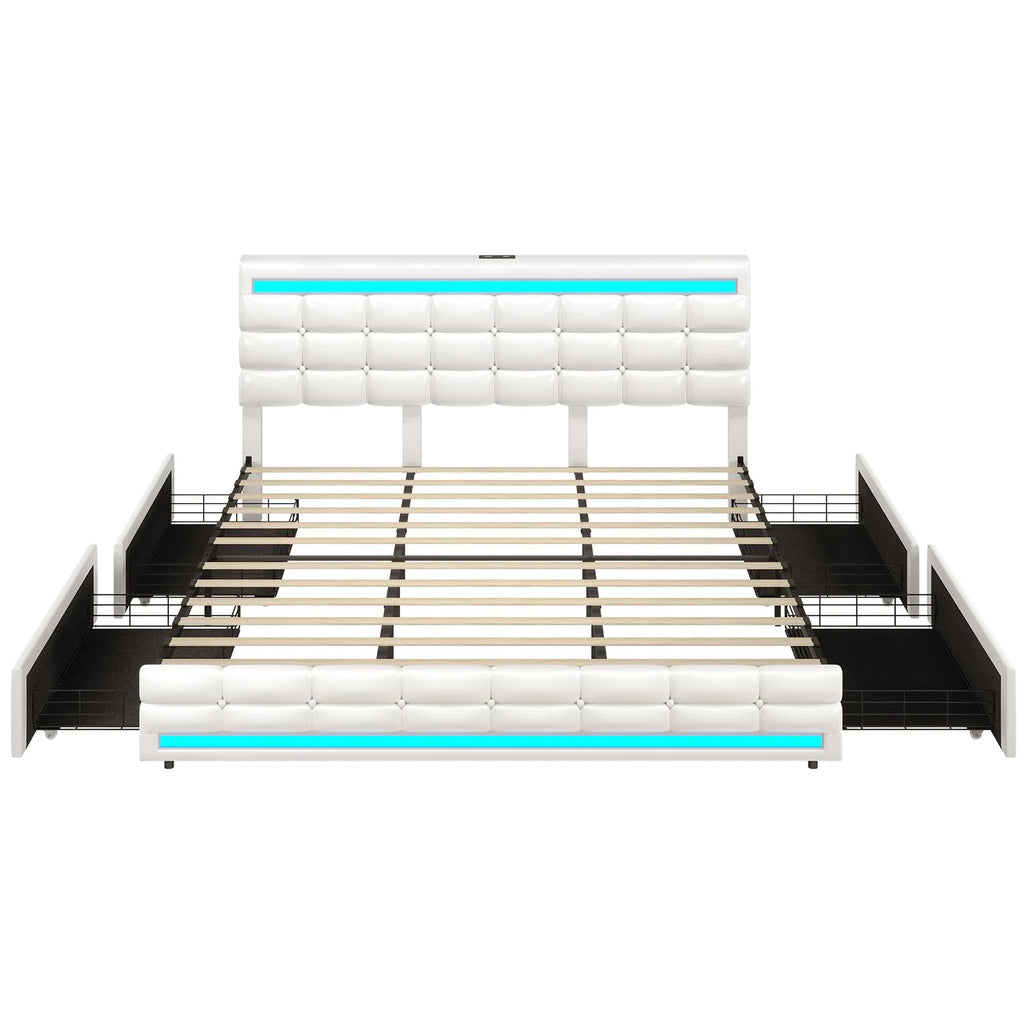 King Size White LED Bed Frame with USB Ports and Storage Drawers G3484