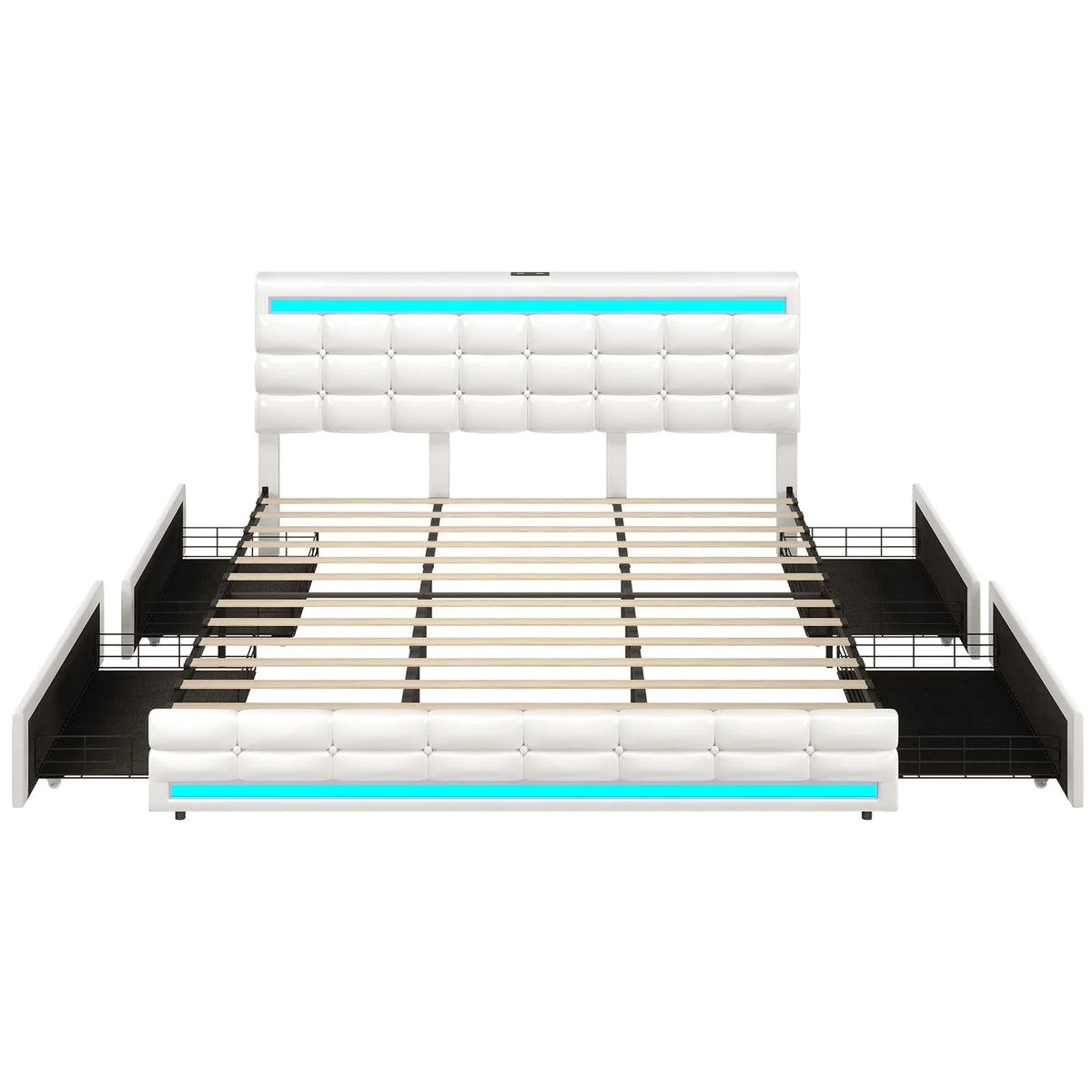 King Size White LED Bed Frame with USB Ports and Storage Drawers G3484