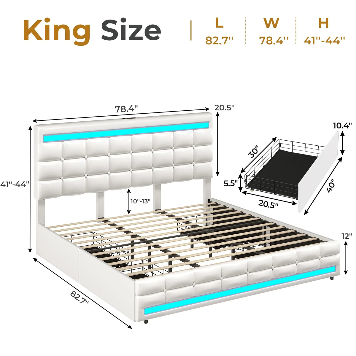 King Size White LED Bed Frame with USB Ports and Storage Drawers G3484