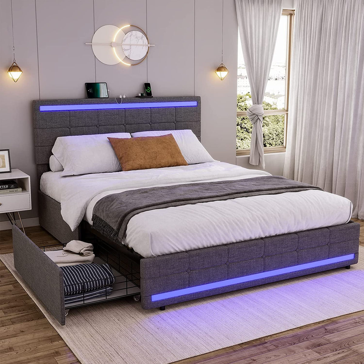 King Size White LED Bed Frame with USB Ports and Storage Drawers G3484