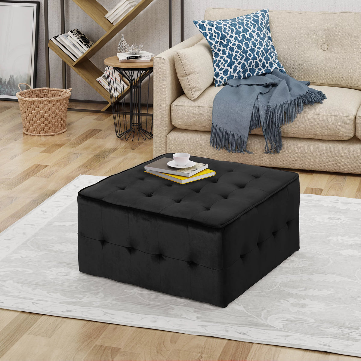 Black Velvet Tufted Ottoman I957