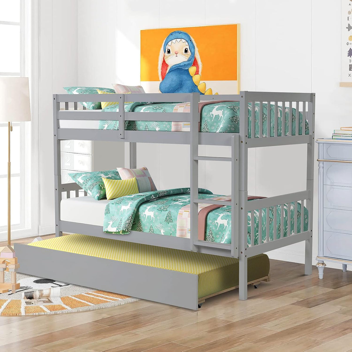 Twin Over Twin Solid Wood Bunk Beds with Trundle and Safety Rail and Ladder S9852