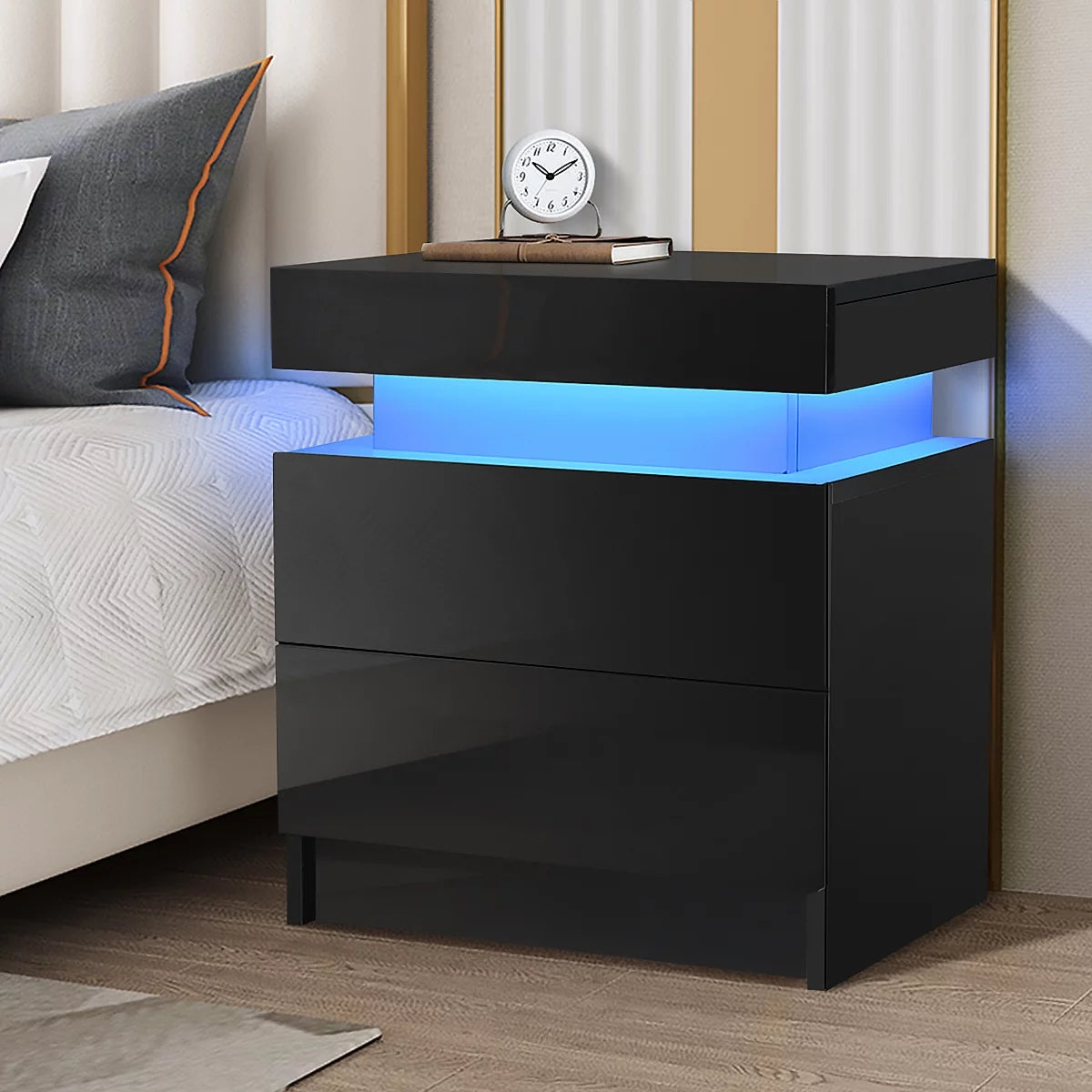 White 2 Drawer High Gloss Nightstand with LED Light G95861