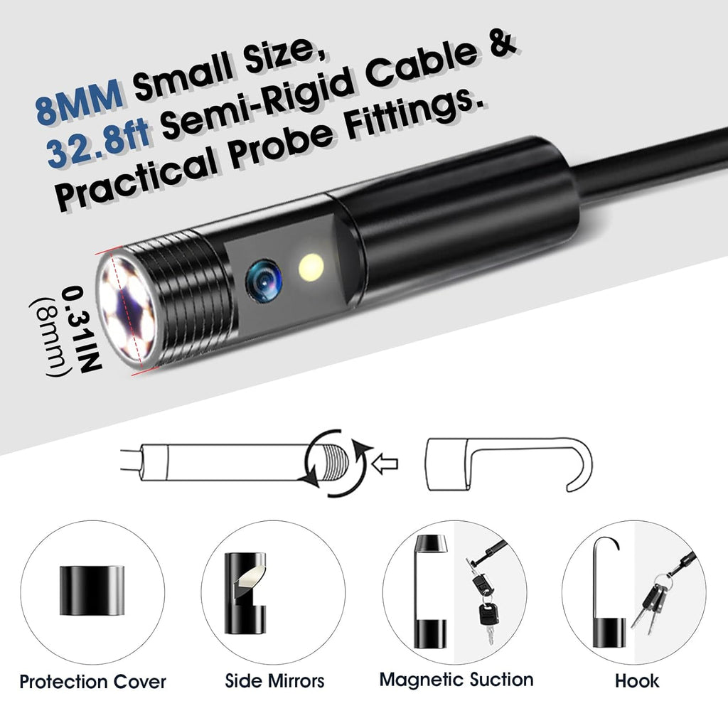 Dual Lens Industrial Endoscope with Flashlight, 4.3 LCD Screen 8mm IP67 Waterproof Detachable Snake Camera 32.8ft U9842
