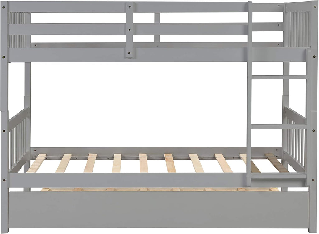 Twin Over Twin Solid Wood Bunk Beds with Trundle and Safety Rail and Ladder S9852
