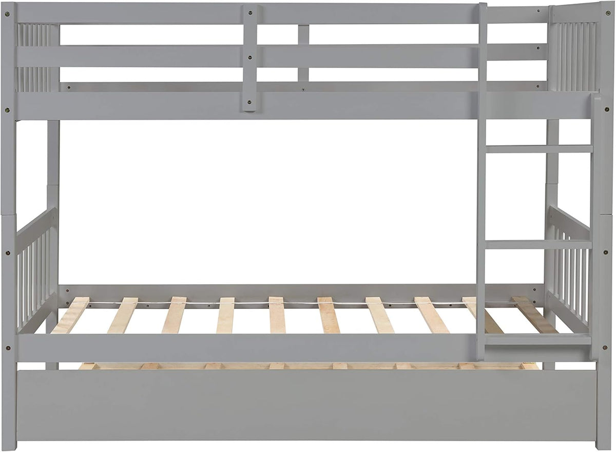 Twin Over Twin Solid Wood Bunk Beds with Trundle and Safety Rail and Ladder S9852