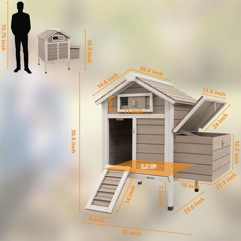 Grey Wooden Chicken Coop with Nesting Box and Ramp W786