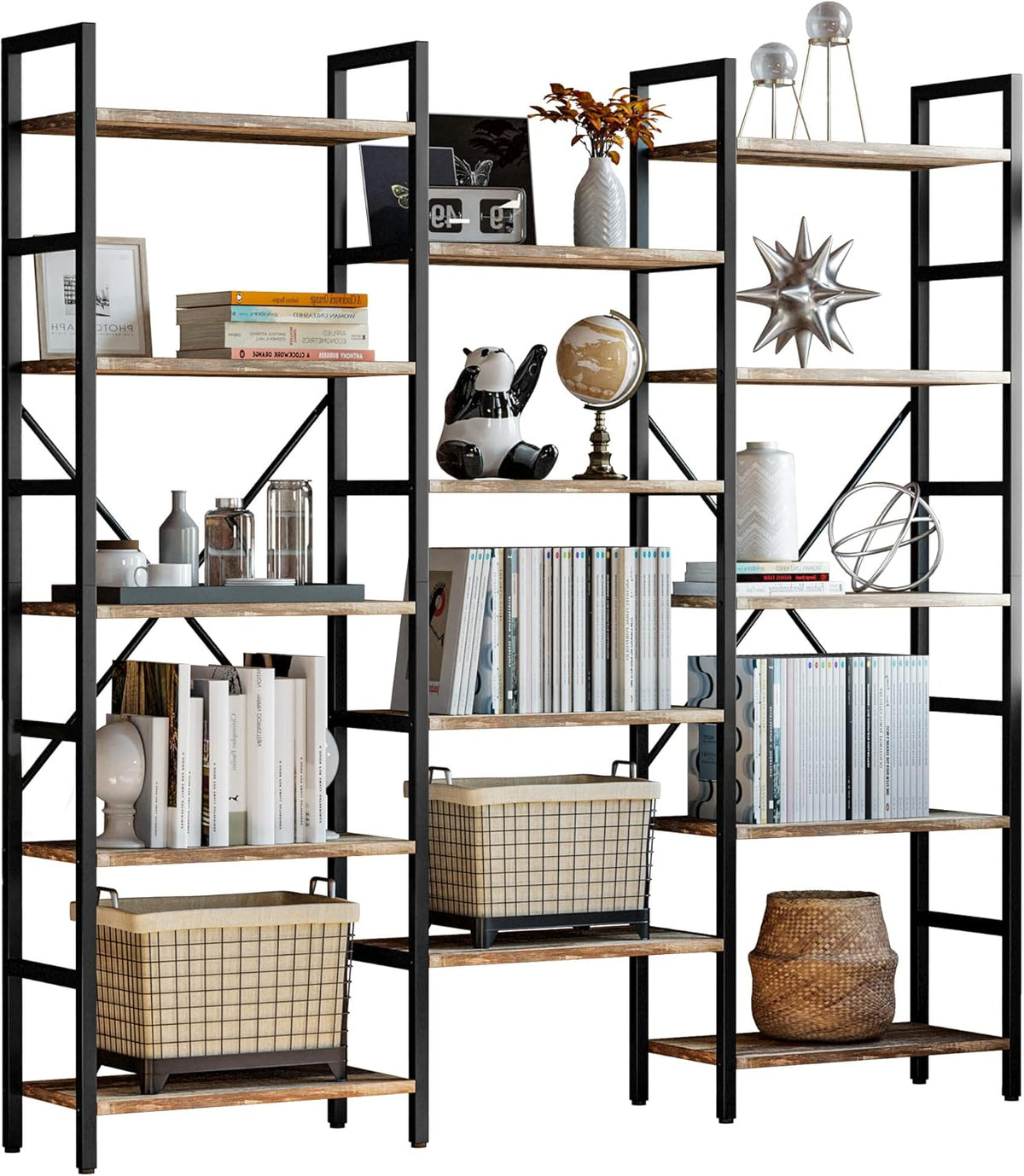 Triple Wide 5 Tiers Industrial Bookshelf with Metal Frame X10419