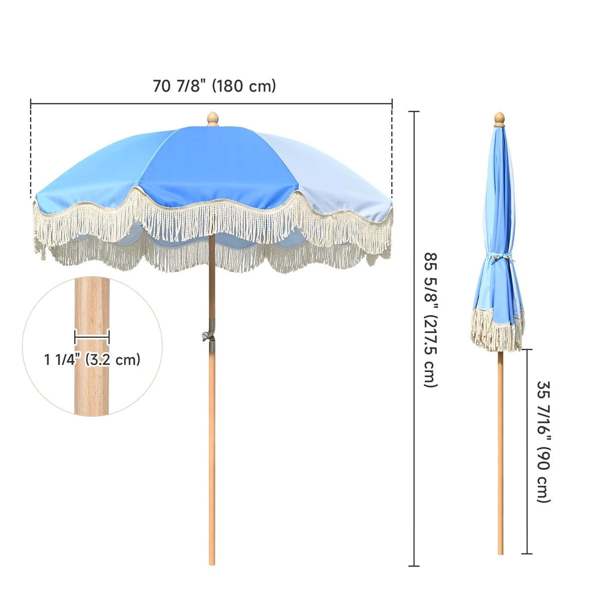 6Ft Fringe Patio Umbrella with Tassels & Carry Bag Wood Blue P7355