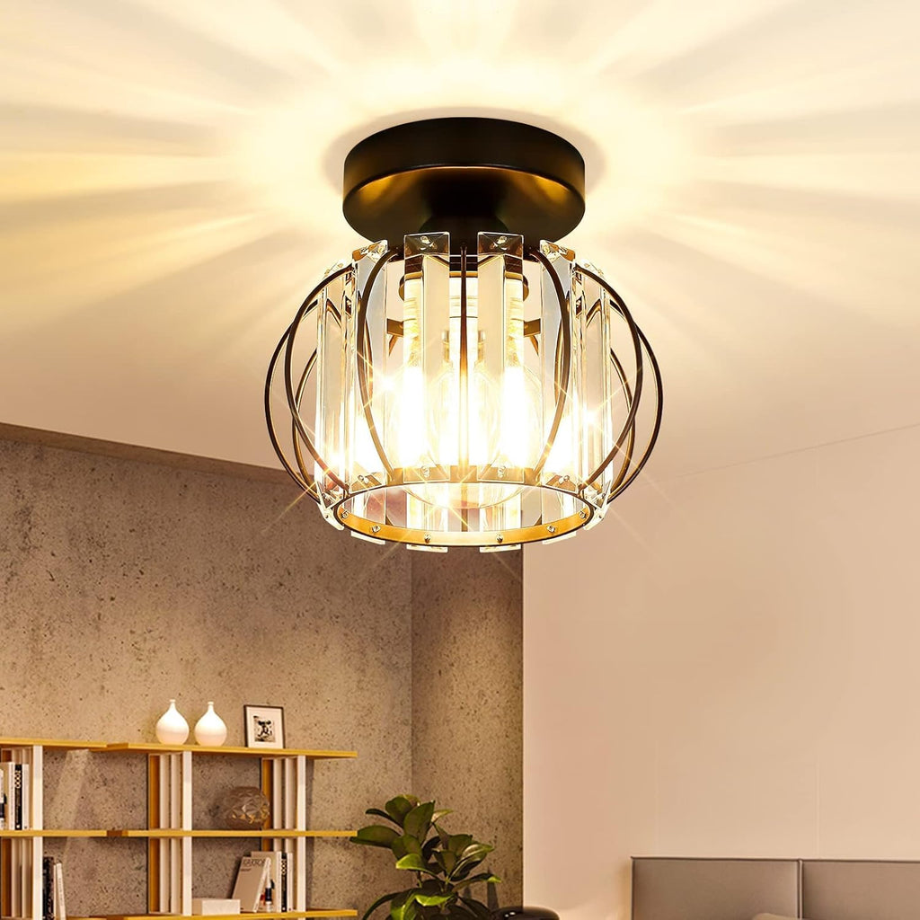 2-Pack Semi Flush Mount Ceiling Light Fixtures Small Crystal Black Metal Cage Indoor Z217