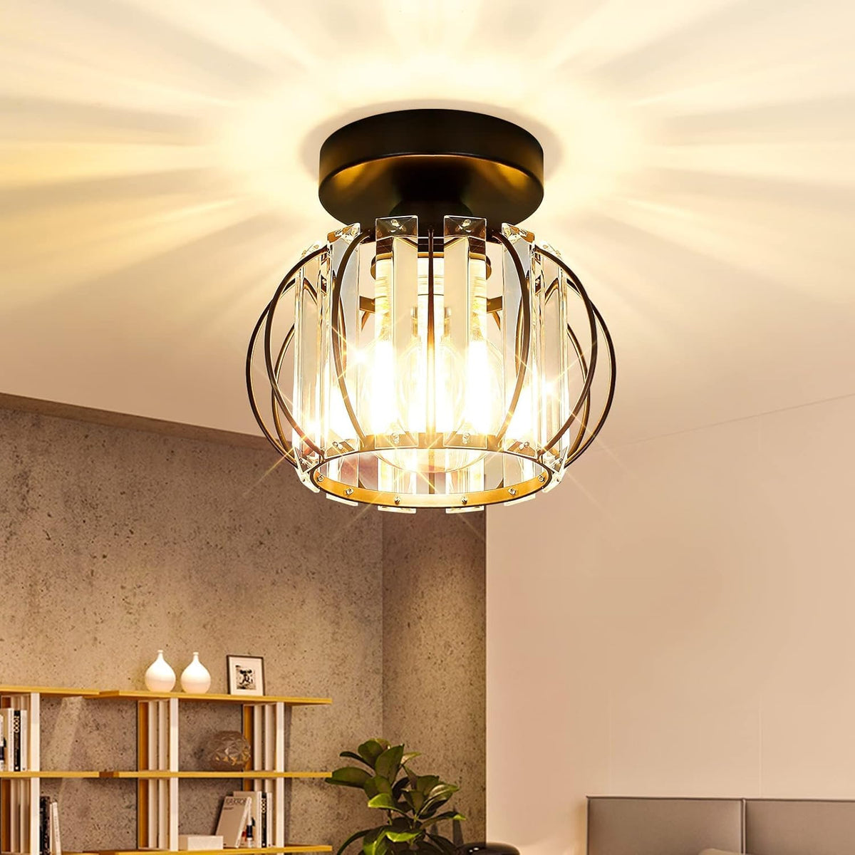 2-Pack Semi Flush Mount Ceiling Light Fixtures Small Crystal Black Metal Cage Indoor Z217